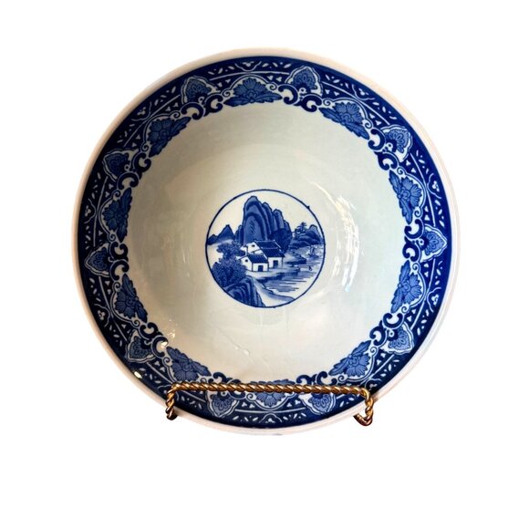 Vintage Chinese Blue/White Porcelain Bowl Mountains Water Home Fisherman - Picture 1 of 9